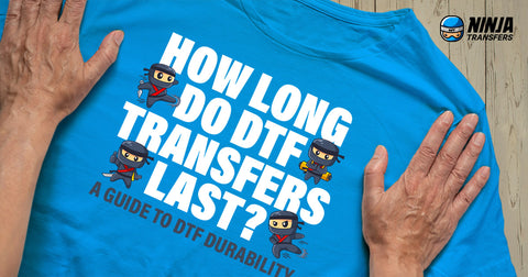 "How long do DTF transfers last?" on a blue t-shirt