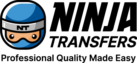 Ninja Transfers logo featuring a blue ninja helmet with the tagline 'Professional Quality Made Easy.' Custom DTF Transfers.
