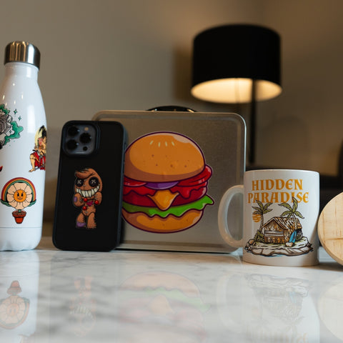 Picture of a custom phone case sticker with other promotional items