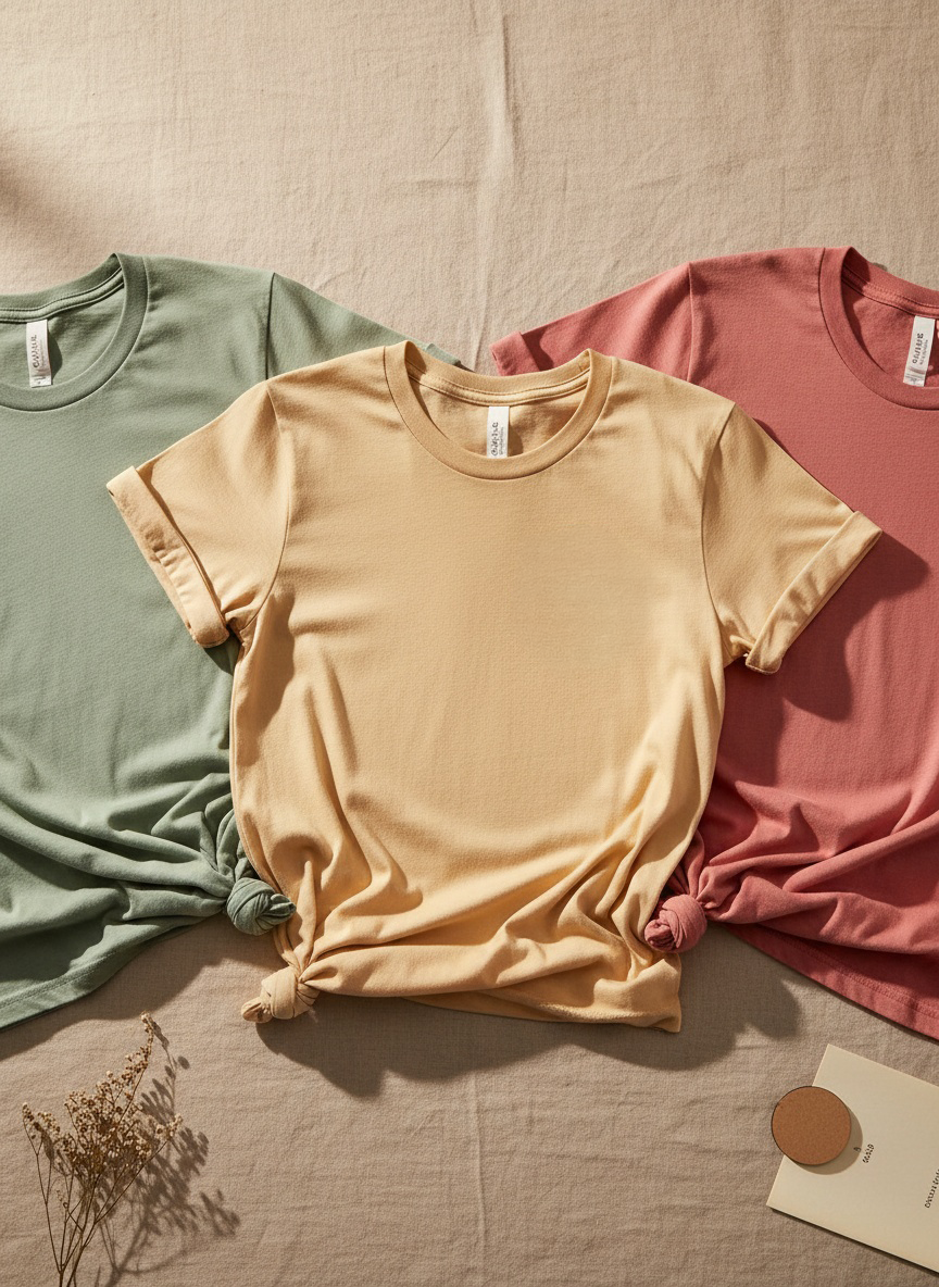 Three garment-dyed cotton tees on warm linen, with the Sub Camp 2026 transfer pressed on the center tee