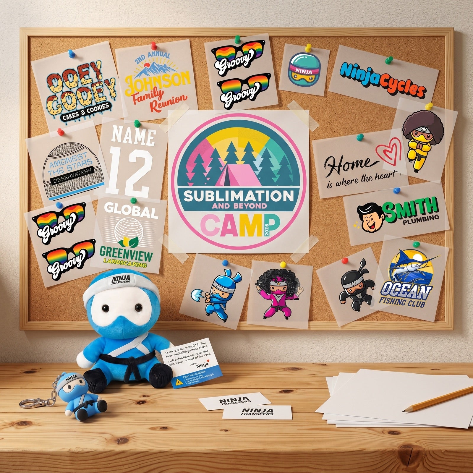 Sub Camp 2026 giveaway bundle: corkboard pinned with Sub Camp transfer designs, ninja plush, ninja keychain, and welcome card