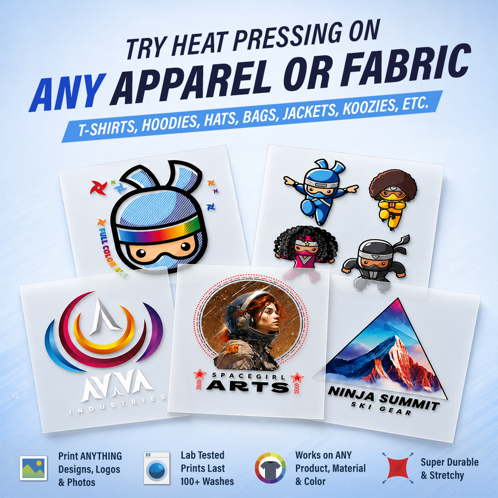 Free DTF transfer sample pack: heat press onto any apparel or fabric
