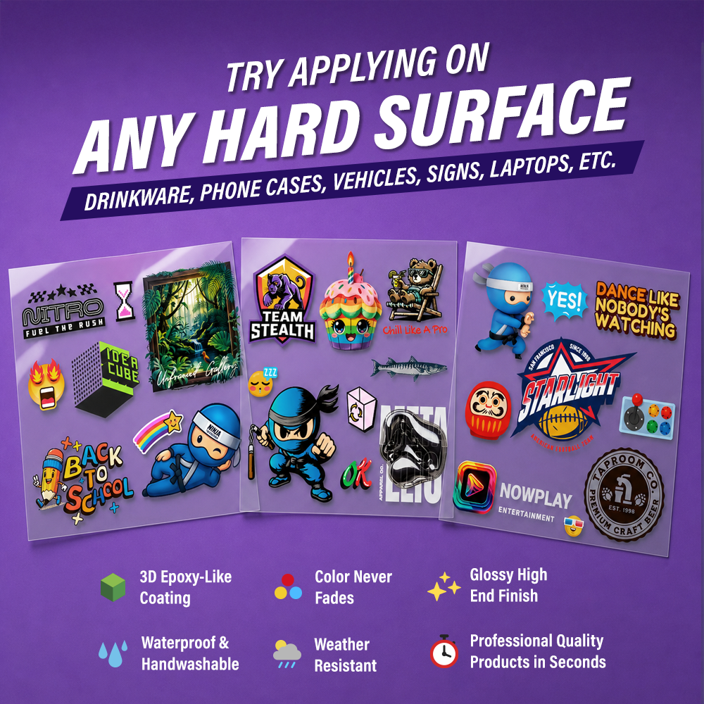 Free UV PermaSticker sample pack: apply to any hard surface, no press needed